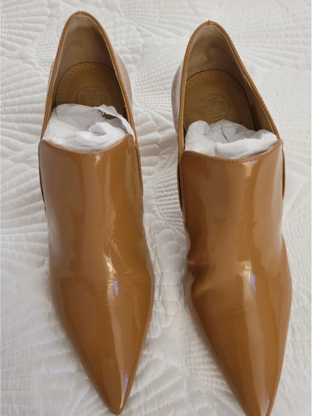 Tori Burch Georgina Ankle Bootie Sz 9 Tan Patent Leather Pointy Toe Minimalist